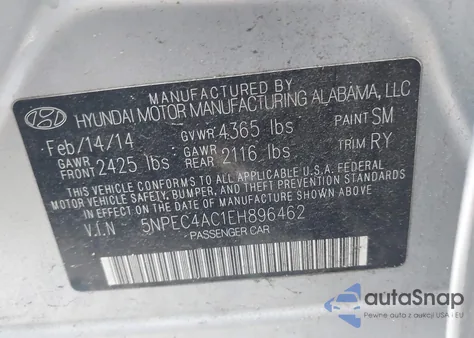 2014 Hyundai Sonata Se from USA, damaged, VIN 5NPEC4AC1EH896462